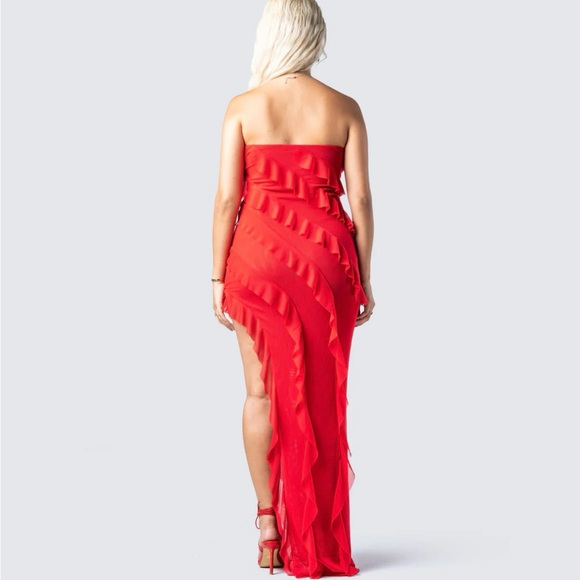 Red Mesh Ruffle Maxi Dress - Picture 4 of 8